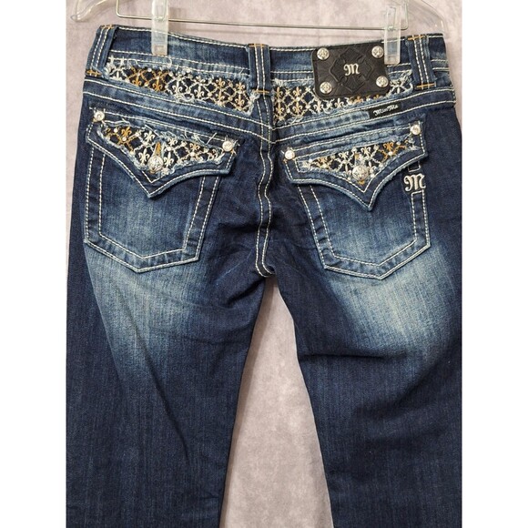 Miss Me Low Rise Bootcut Jeans Sz 30 Distressed Rhinestones Bling Embroidered - Picture 7 of 12